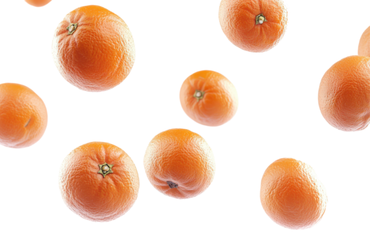 Floating oranges with vibrant color against a stark black background. Fresh, citrus