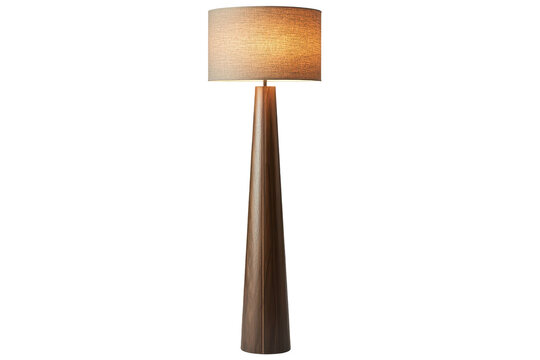 Tall,  brown wooden floor lamp with a beige shade is featured against a plain red background.  Simple and modern design.