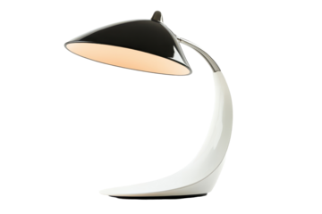 Black and white table lamp with a futuristic, curved design. Its shape creates a captivating visual aspect, highlighting its modern aesthetic and clean lines.
