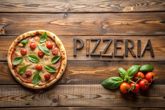 pizza on wooden table next to pizzeria lettering horizontal poster for food service ad campaign cafe promotion blog header or print material milkyhexddway pizzas Backgrounds ads