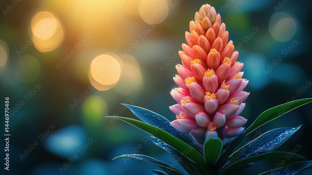 Poster exotic bromeliad flower with bokeh lights backdrop creating magical scene