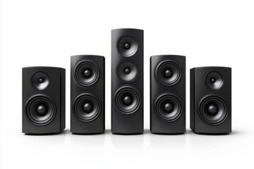 Five black audio speakers in a row