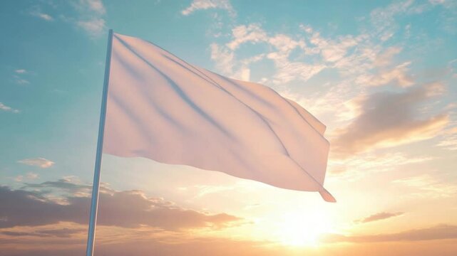 Concept of surrender or peace, white flag waving gently in the breeze at sunset