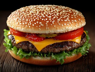 Juicy cheeseburger, sesame bun, lettuce, tomato (1)