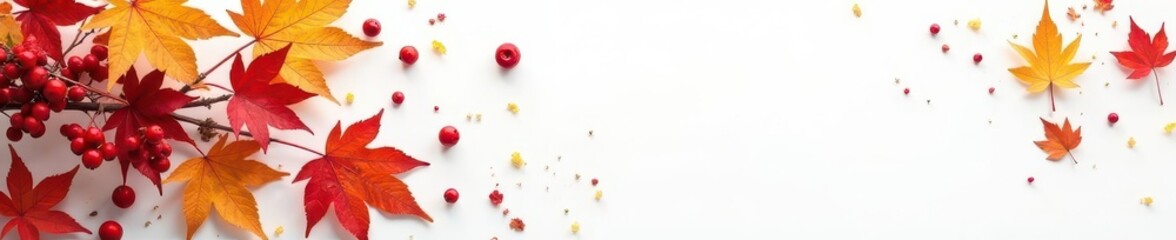 Crisp white backdrop, vibrant autumn leaves & berries , yellow, foliage
