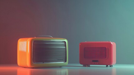 Retro styled radios in vibrant colors creating a nostalgic ambiance in a modern setting.