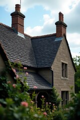 Dark grey slate roof, weathered, north England , home, building exterior, heritage