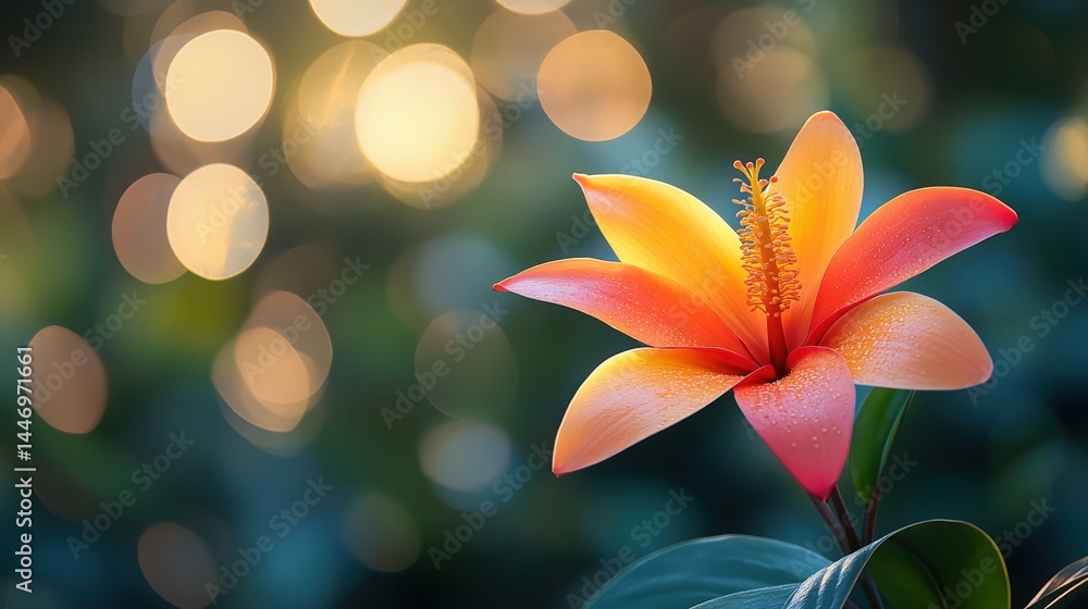Poster exotic bloom of orange and pink with luminous bokeh background creating a dreamy nature scene