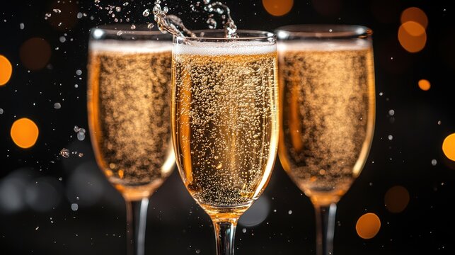 Three champagne flutes filled with sparkling liquid against a dark bokeh background.