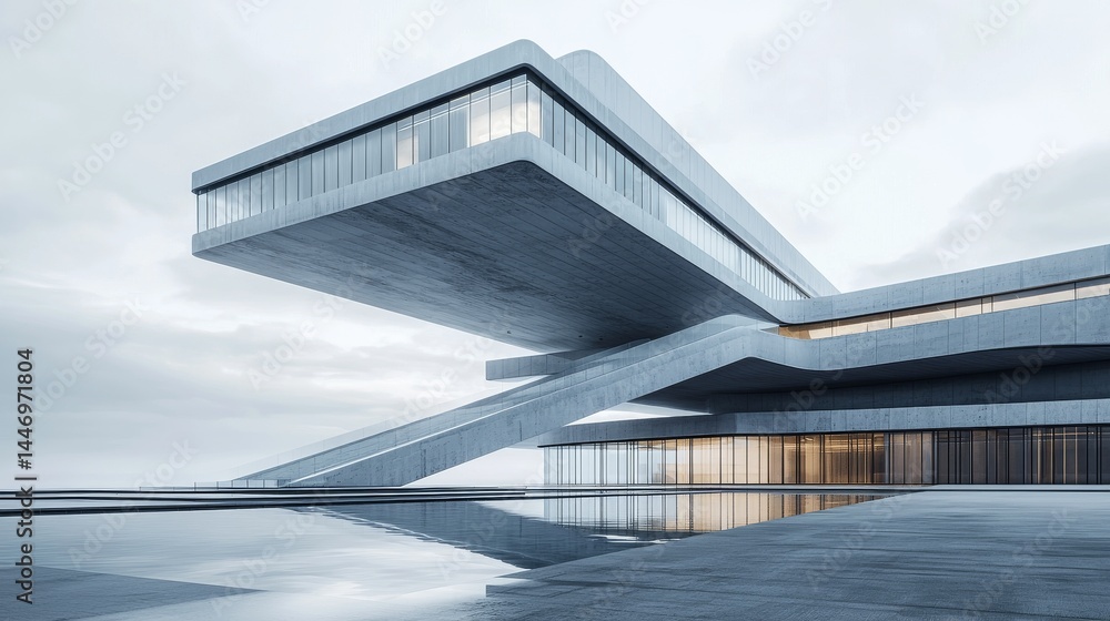 Poster stunning modern architecture with sleek lines and unique shapes reflecting in calm water.