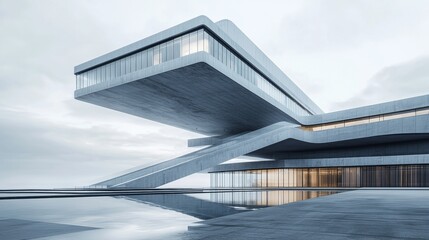 Fototapeta premium Stunning modern architecture with sleek lines and unique shapes reflecting in calm water.