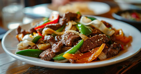 A plate of yalong noodles with beef, green peppers, and onions on top.
