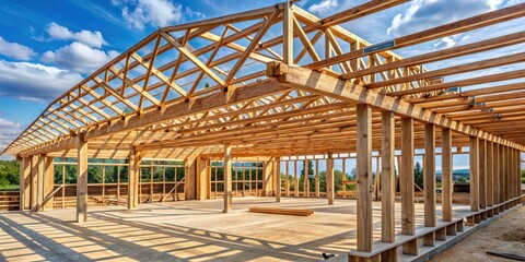 Wooden roof skeleton frame of a building under construction with exposed wooden beams and support structure visible