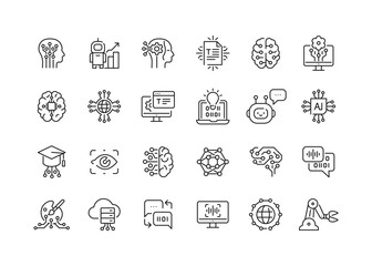 Artificial intelligence line editable icons set. Vector illustration in modern thin line style icons of AI technology and possibilities, machine learning, smart robotic. Pictograms and infographics.