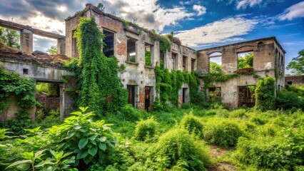 Fototapeta premium Abandoned building with overgrown vegetation and weeds in the foreground, ruins, destruction, ruins