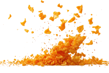 Orange crumbs bursting in air. Small fragments falling down. Crisp textured particles. Isolated