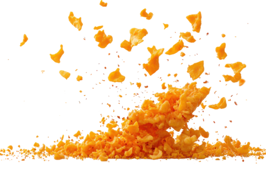 Orange crumbs bursting in air. Small fragments falling down. Crisp textured particles. Isolated