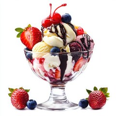 A fruity ice cream sundae with scoops of vanilla, strawberry, and blueberry ice cream