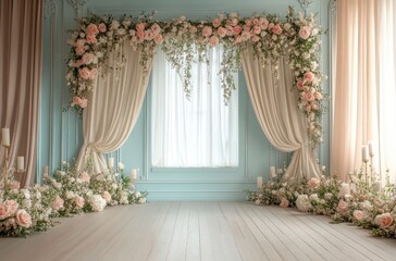 A light and airy floral archway decorates a mint-colored room.