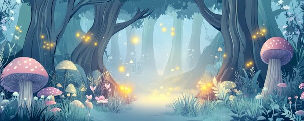 Obraz premium A whimsical forest scene featuring mushrooms and soft ambient lighting