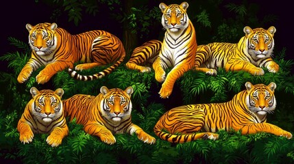 A Magnificent Assembly of Bengal Tigers Amidst Lush Jungle Foliage Depicting Wild Nature and Exotic Wildlife with Vintage Pixelated Style