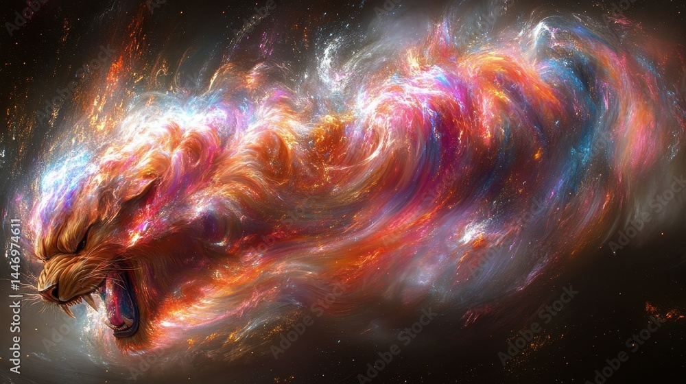 Poster abstract cosmic burst featuring vibrant swirling colors and sparkling particles resembling a distant