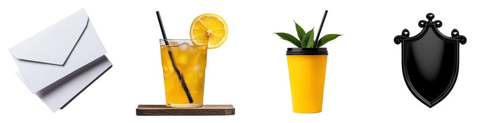 Fototapeta premium Envelope, drink, plant, and shield on a isolated against a transparent background.