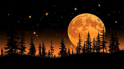 Naklejka premium Orange moon over silhouetted forest trees