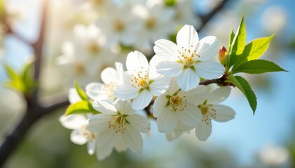 Fototapeta premium Close up of white cherry blossom tree flowers in full bloom, petals, blooming, botanical