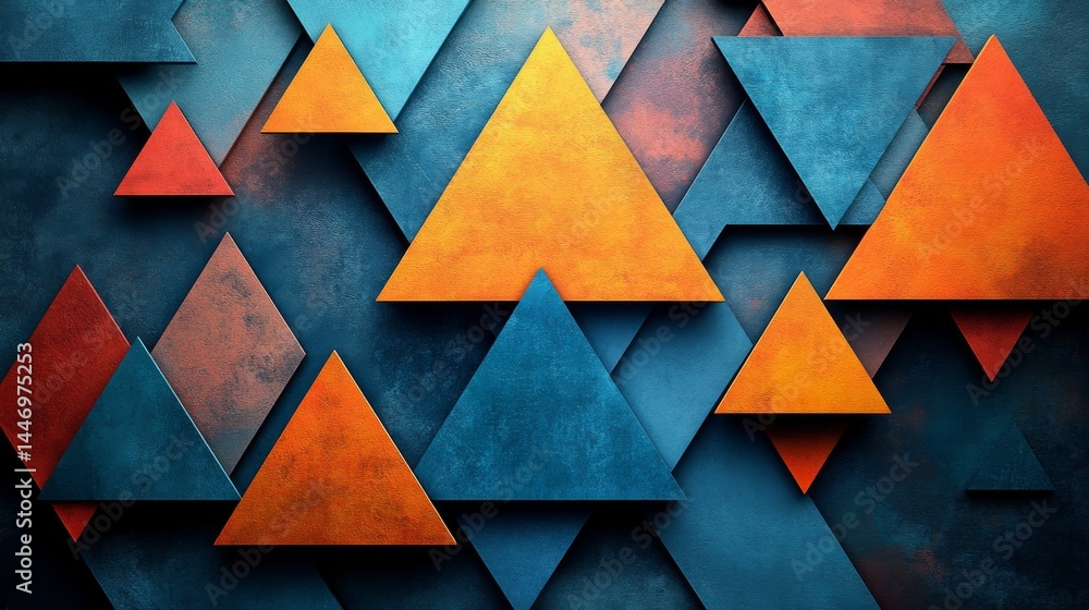 Poster abstract arrangement: a dynamic interplay of triangles in harmonious blue, red and amber hues, creat