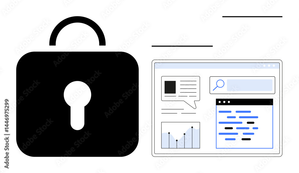 Poster lock symbol alongside a web browser with graphs, search bar, and text highlights. ideal for security