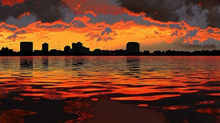 Fiery sunset over cityscape reflected in water