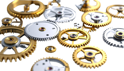 Precision in Contrast: Steel Gears and Gold Watch Parts on White Background
