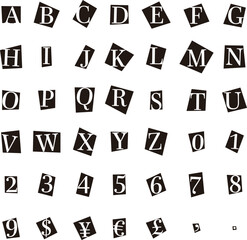 切り抜き風透過のアルファベット大文字と数字と通貨記号