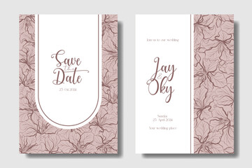 Aesthetic wedding invitation design template with hand drawing Bauhinia flower. Rosewood and Dusty Rose color theme