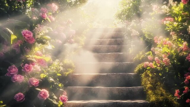 Mystical staircase ascending into heaven with fog and rose flowers in dreamy garden