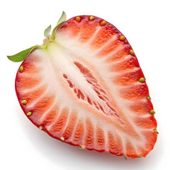 A thin strawberry slice, showing detailed seed patterns along its surface, with vibrant red flesh and a smooth, juicy texture.