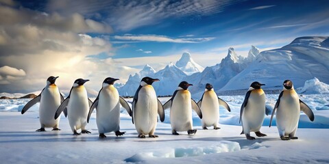 Obraz premium Penguins waddling on ice in the frozen landscape of the South Pole, animal, snowy backdrop