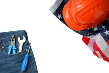 Labor Day highlights American workers, tools, and a patriotic spirit, isolated on white, PNG