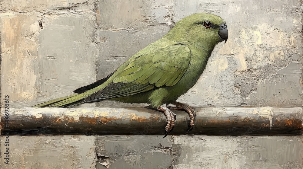 Poster verdant parrot on metallic bar a captivating bird portrait with subtle textures and nuanced lighting