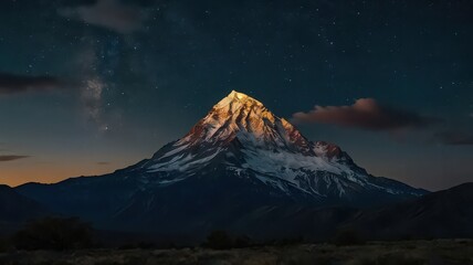 Snow capped mountain peak illuminated by golden light under a starry night sky landscape view