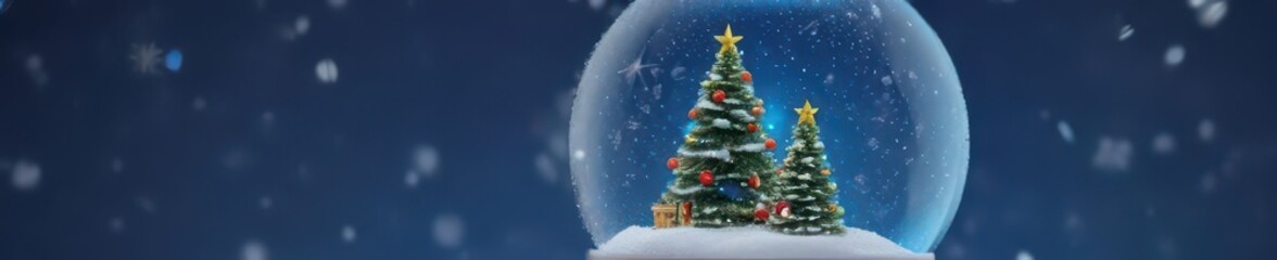 Obraz premium Animated snow globe, Christmas tree, falling snow, blue background, illustration, blue background, winter