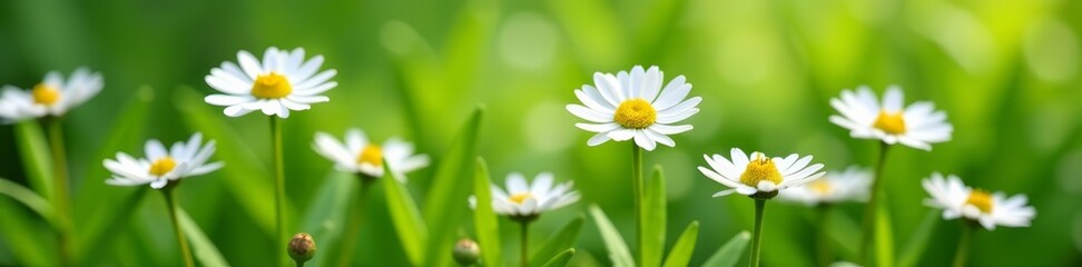 Close-up view of blooming white daisies against green foliage in spring, petal, daisy, white © Tanapong