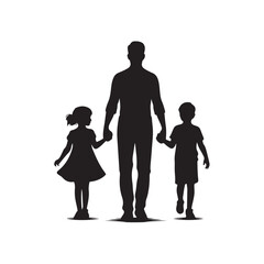 Dad Holding Hands with Two Children Silhouette Illustration