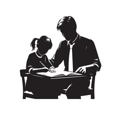 Father Helping Daughter with Homework Silhouette Drawing