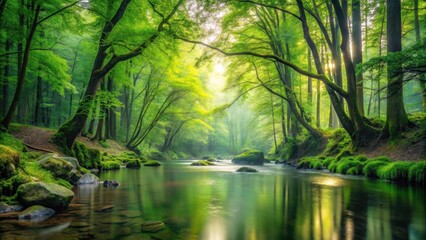 Fototapeta premium Gentle Water Flow in Serene Forest , nature, foliage, nature, foliage, calm