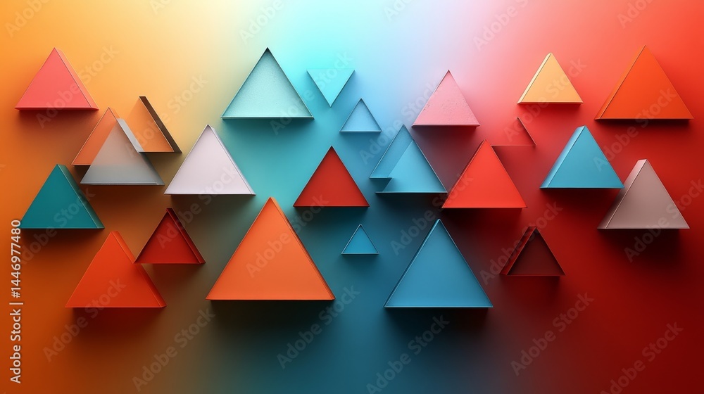 Poster dynamic geometric composition with vibrant triangular forms and playful shadow interplay, creating a