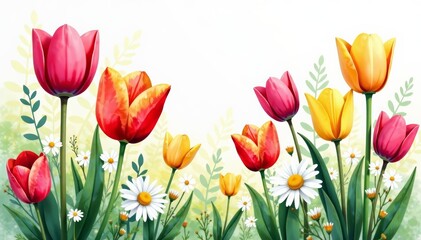 Close-up watercolor illustration of vibrant tulips and daisies in a spring garden, vibrant, spring, painting