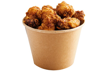 Bucket filled with pieces of fried chicken, crisp and golden brown, a delicious snack