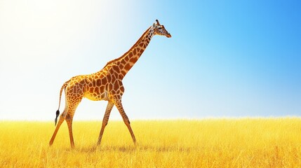 Obraz premium Graceful giraffe saunters across the golden savannah basking under a clear azure sky evoking tranquility and raw beauty of the african plains